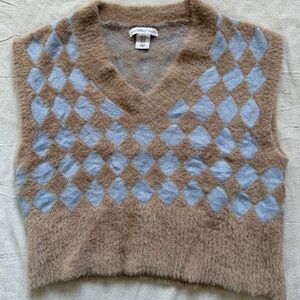 Sincerely Jules Argyle Beige Blue Women’s Crop Sweater Vest XS Preppy Super Soft